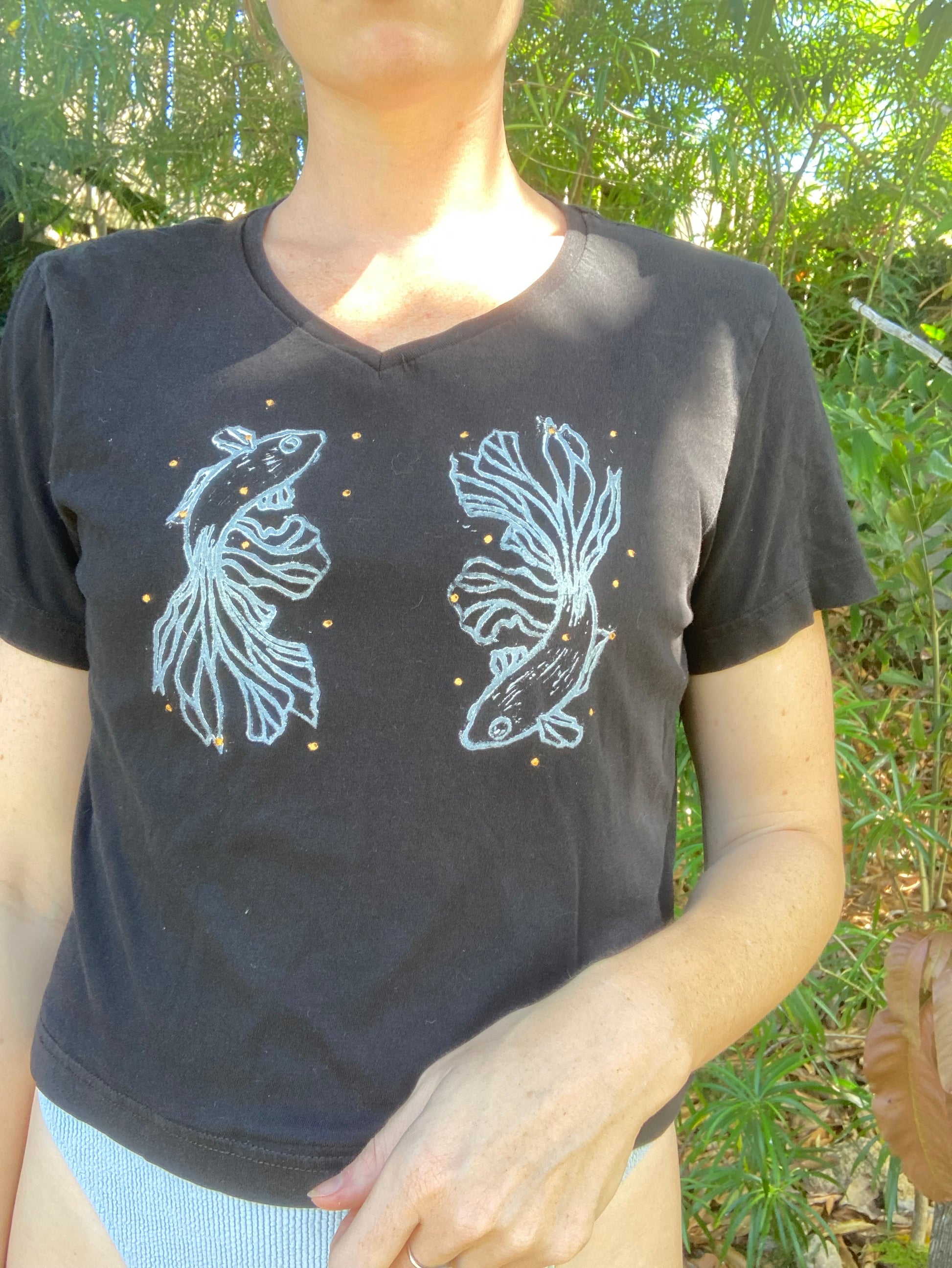 Beta Fish Hand Stamped V Neck