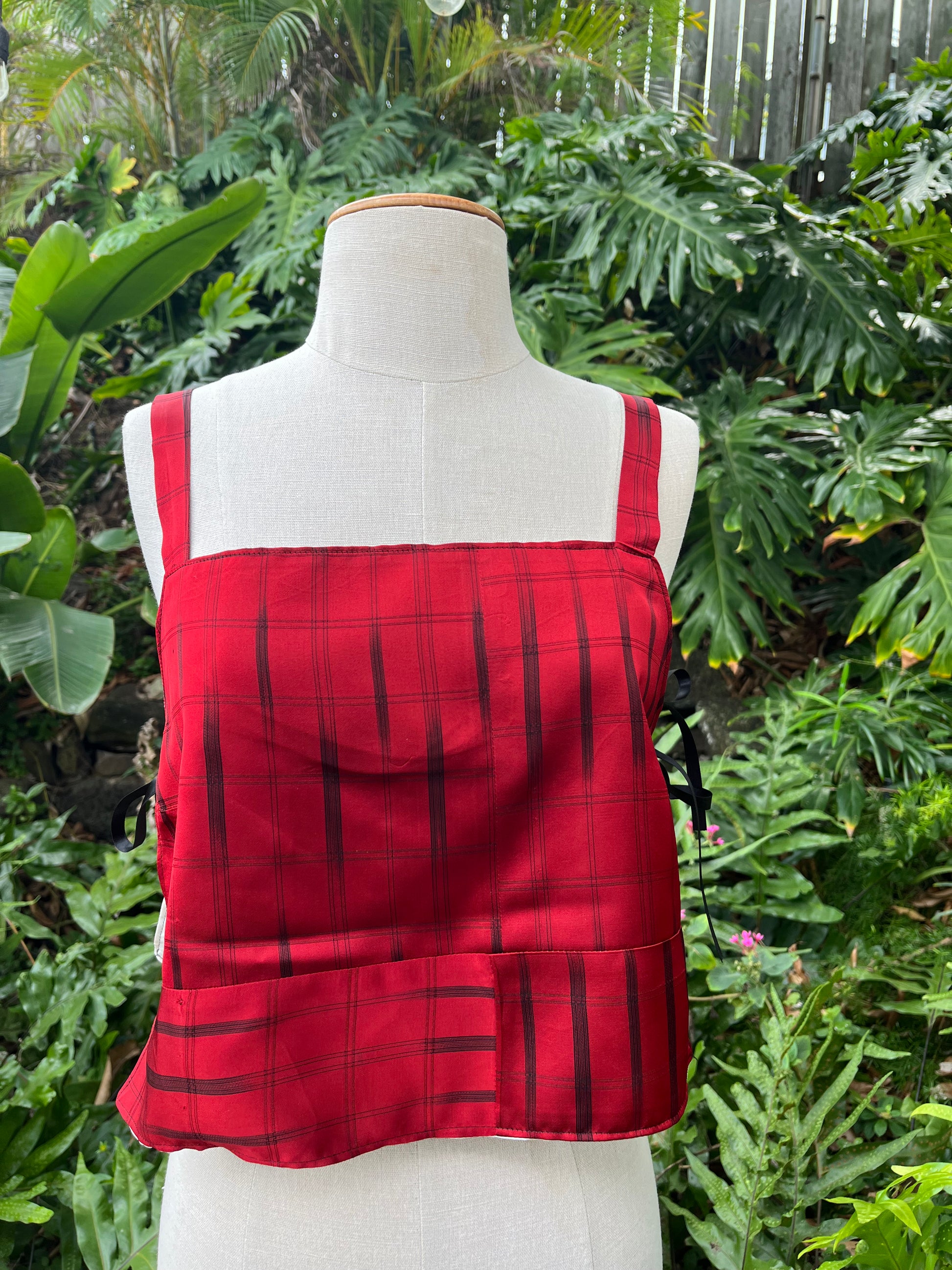 Kimono Silk Side Tie Tank Top - Size 6 - Red Check